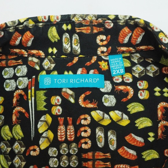 Tori Richard Hawaiian Button Down Shirt Mens 2XB Black Sushi Shrimp Cotton Lawn - Picture 5 of 5